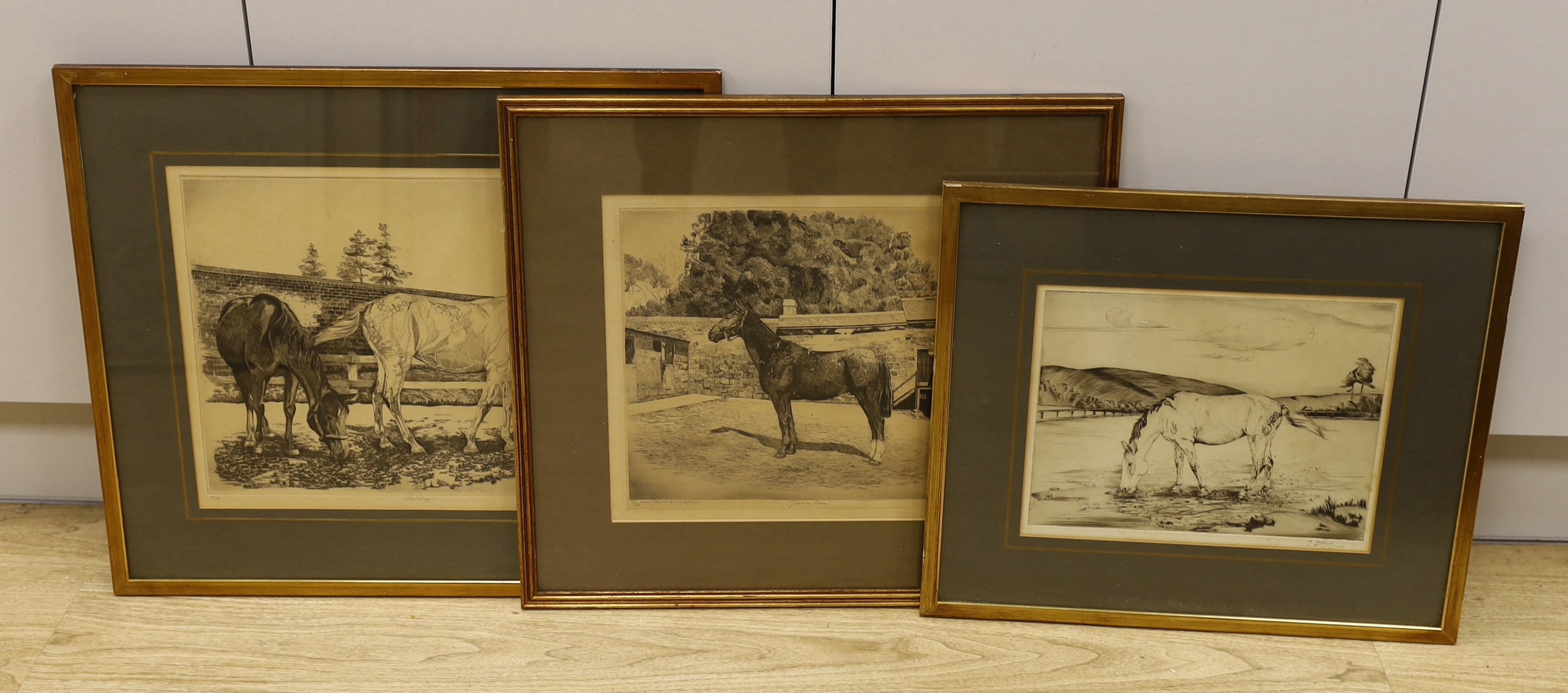 B. Rowland, three drypoint etchings, 'Holiday', 'Just an Idea' and 'Horse grazing', signed in pencil, largest 30 x 37cm